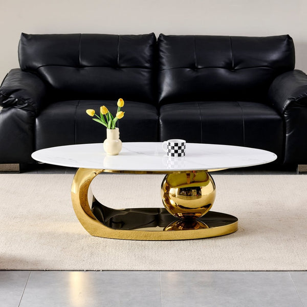 English Elm 51.20 Oval Faux Marble Top Coffee Table with Polished Stainless Steel Base for Living Room Gold+White W3357S00004