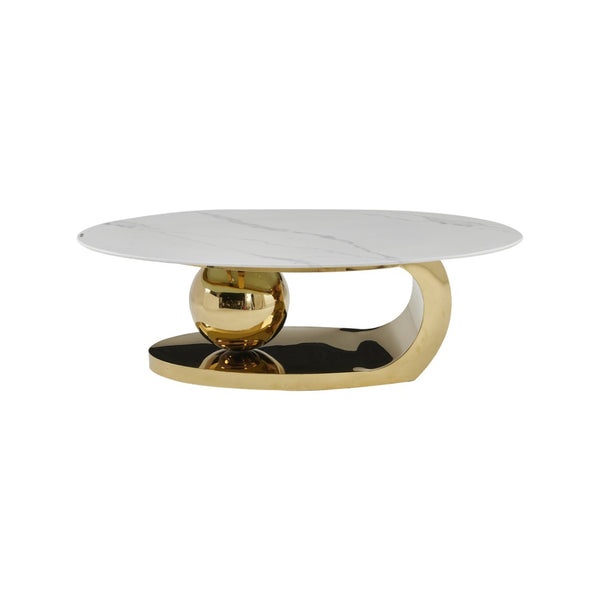 English Elm 51.20 Oval Faux Marble Top Coffee Table with Polished Stainless Steel Base for Living Room Gold+White W3357S00004