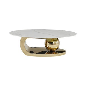 English Elm 51.20 Oval Faux Marble Top Coffee Table with Polished Stainless Steel Base for Living Room Gold+White W3357S00004