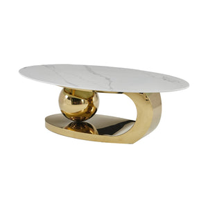 English Elm 51.20 Oval Faux Marble Top Coffee Table with Polished Stainless Steel Base for Living Room Gold+White W3357S00004