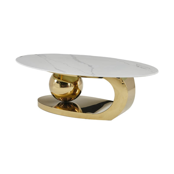 English Elm 51.20 Oval Faux Marble Top Coffee Table with Polished Stainless Steel Base for Living Room Gold+White W3357S00004