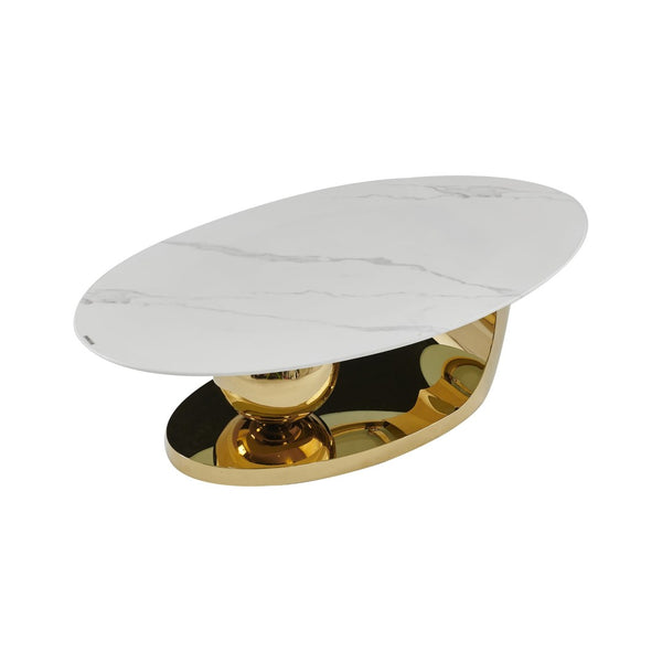 English Elm 51.20 Oval Faux Marble Top Coffee Table with Polished Stainless Steel Base for Living Room Gold+White W3357S00004
