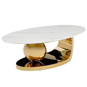 English Elm 51.20 Oval Faux Marble Top Coffee Table with Polished Stainless Steel Base for Living Room Gold+White W3357S00004