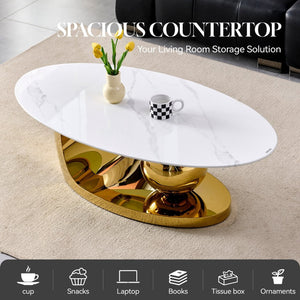 English Elm 51.20 Oval Faux Marble Top Coffee Table with Polished Stainless Steel Base for Living Room Gold+White W3357S00004