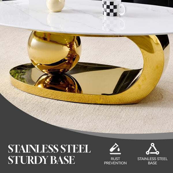 English Elm 51.20 Oval Faux Marble Top Coffee Table with Polished Stainless Steel Base for Living Room Gold+White W3357S00004