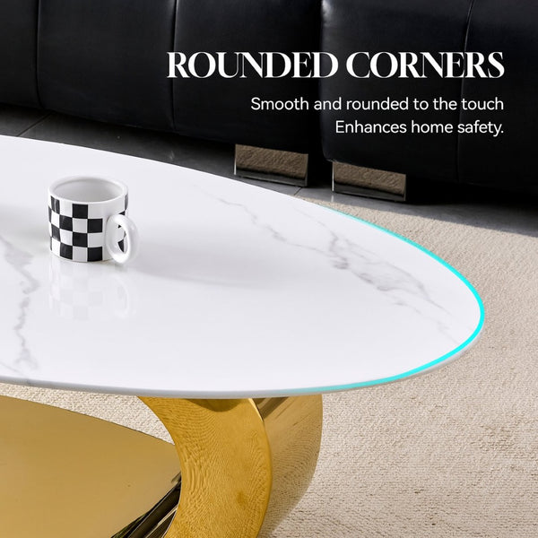 English Elm 51.20 Oval Faux Marble Top Coffee Table with Polished Stainless Steel Base for Living Room Gold+White W3357S00004