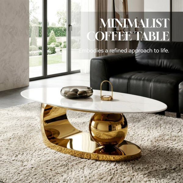 English Elm 51.20 Oval Faux Marble Top Coffee Table with Polished Stainless Steel Base for Living Room Gold+White W3357S00004