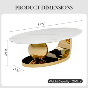 English Elm 51.20 Oval Faux Marble Top Coffee Table with Polished Stainless Steel Base for Living Room Gold+White W3357S00004