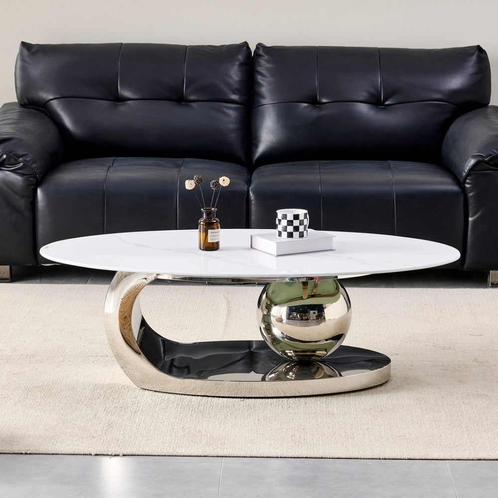 English Elm 51.20 Oval Faux Marble Top Coffee Table with Polished Stainless Steel Base for Living Room Silver+White W3357S00005