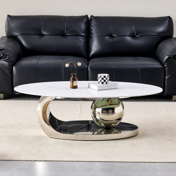 English Elm 51.20 Oval Faux Marble Top Coffee Table with Polished Stainless Steel Base for Living Room Silver+White W3357S00005