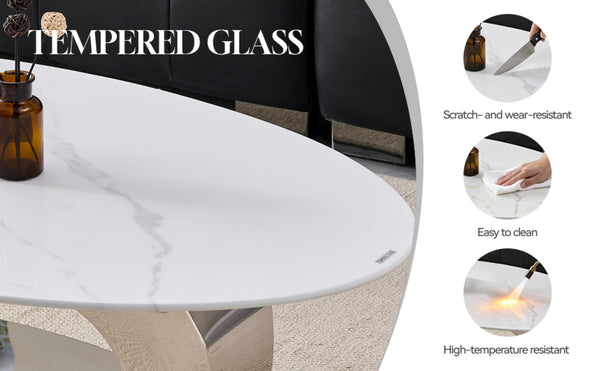 English Elm 51.20 Oval Faux Marble Top Coffee Table with Polished Stainless Steel Base for Living Room Silver+White W3357S00005