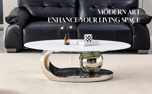 English Elm 51.20 Oval Faux Marble Top Coffee Table with Polished Stainless Steel Base for Living Room Silver+White W3357S00005