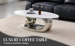 English Elm 51.20 Oval Faux Marble Top Coffee Table with Polished Stainless Steel Base for Living Room Silver+White W3357S00005