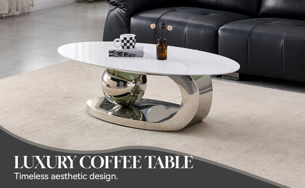 English Elm 51.20 Oval Faux Marble Top Coffee Table with Polished Stainless Steel Base for Living Room Silver+White W3357S00005