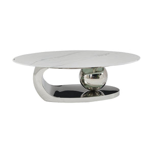 English Elm 51.20 Oval Faux Marble Top Coffee Table with Polished Stainless Steel Base for Living Room Silver+White W3357S00005