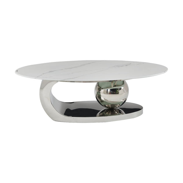 English Elm 51.20 Oval Faux Marble Top Coffee Table with Polished Stainless Steel Base for Living Room Silver+White W3357S00005