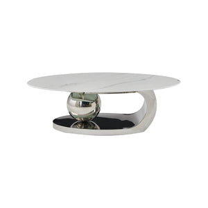 English Elm 51.20 Oval Faux Marble Top Coffee Table with Polished Stainless Steel Base for Living Room Silver+White W3357S00005