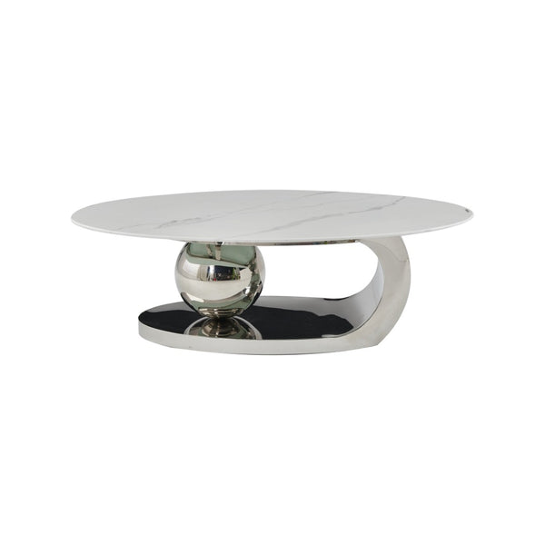 English Elm 51.20 Oval Faux Marble Top Coffee Table with Polished Stainless Steel Base for Living Room Silver+White W3357S00005
