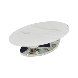 English Elm 51.20 Oval Faux Marble Top Coffee Table with Polished Stainless Steel Base for Living Room Silver+White W3357S00005
