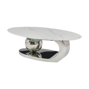English Elm 51.20 Oval Faux Marble Top Coffee Table with Polished Stainless Steel Base for Living Room Silver+White W3357S00005