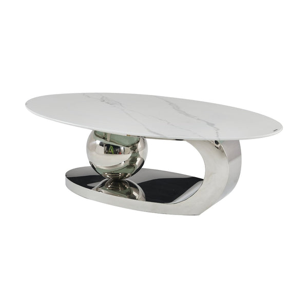 English Elm 51.20 Oval Faux Marble Top Coffee Table with Polished Stainless Steel Base for Living Room Silver+White W3357S00005