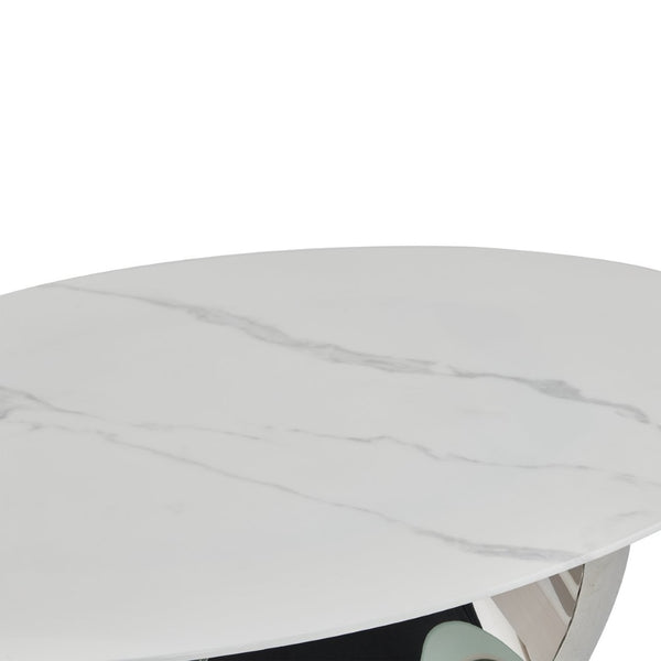 English Elm 51.20 Oval Faux Marble Top Coffee Table with Polished Stainless Steel Base for Living Room Silver+White W3357S00005