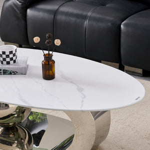 English Elm 51.20 Oval Faux Marble Top Coffee Table with Polished Stainless Steel Base for Living Room Silver+White W3357S00005