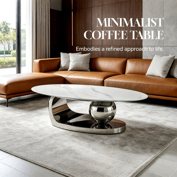 English Elm 51.20 Oval Faux Marble Top Coffee Table with Polished Stainless Steel Base for Living Room Silver+White W3357S00005