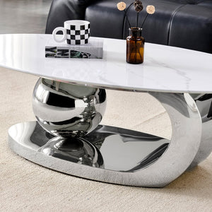 English Elm 51.20 Oval Faux Marble Top Coffee Table with Polished Stainless Steel Base for Living Room Silver+White W3357S00005