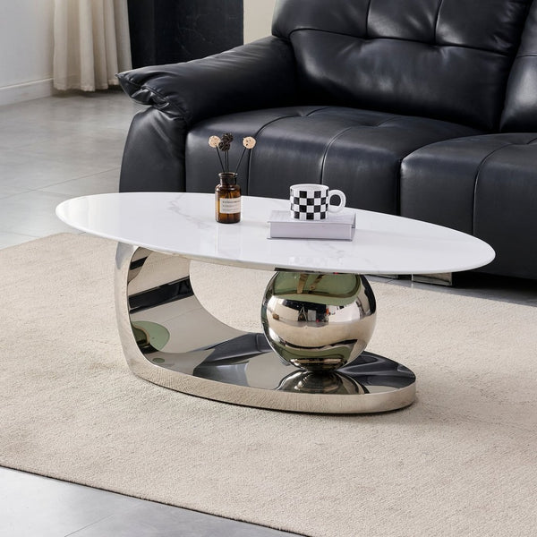English Elm 51.20 Oval Faux Marble Top Coffee Table with Polished Stainless Steel Base for Living Room Silver+White W3357S00005