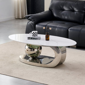 English Elm 51.20 Oval Faux Marble Top Coffee Table with Polished Stainless Steel Base for Living Room Silver+White W3357S00005