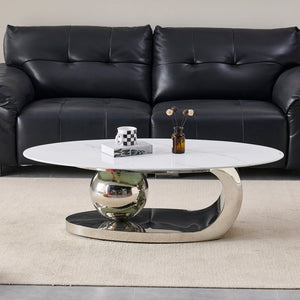 English Elm 51.20 Oval Faux Marble Top Coffee Table with Polished Stainless Steel Base for Living Room Silver+White W3357S00005