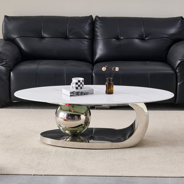 English Elm 51.20 Oval Faux Marble Top Coffee Table with Polished Stainless Steel Base for Living Room Silver+White W3357S00005