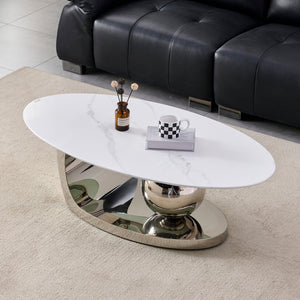 English Elm 51.20 Oval Faux Marble Top Coffee Table with Polished Stainless Steel Base for Living Room Silver+White W3357S00005