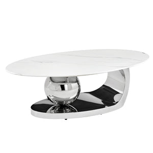 English Elm 51.20 Oval Faux Marble Top Coffee Table with Polished Stainless Steel Base for Living Room Silver+White W3357S00005