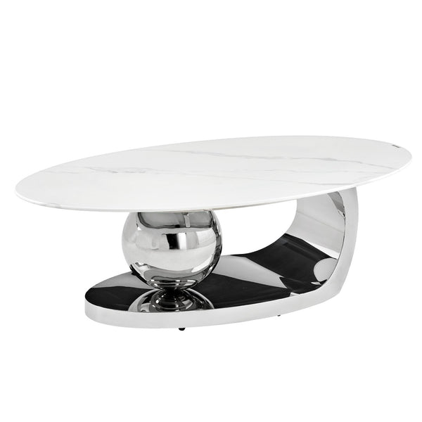 English Elm 51.20 Oval Faux Marble Top Coffee Table with Polished Stainless Steel Base for Living Room Silver+White W3357S00005