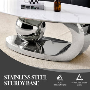 English Elm 51.20 Oval Faux Marble Top Coffee Table with Polished Stainless Steel Base for Living Room Silver+White W3357S00005