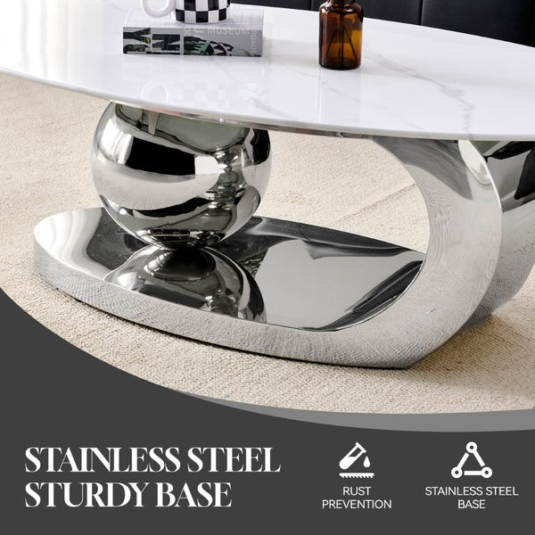 English Elm 51.20 Oval Faux Marble Top Coffee Table with Polished Stainless Steel Base for Living Room Silver+White W3357S00005