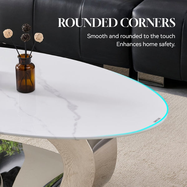 English Elm 51.20 Oval Faux Marble Top Coffee Table with Polished Stainless Steel Base for Living Room Silver+White W3357S00005