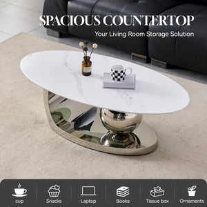English Elm 51.20 Oval Faux Marble Top Coffee Table with Polished Stainless Steel Base for Living Room Silver+White W3357S00005