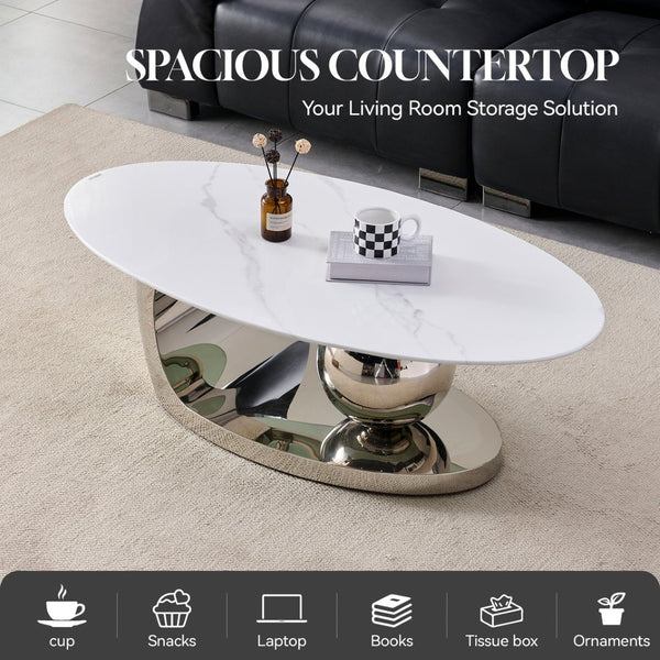 English Elm 51.20 Oval Faux Marble Top Coffee Table with Polished Stainless Steel Base for Living Room Silver+White W3357S00005