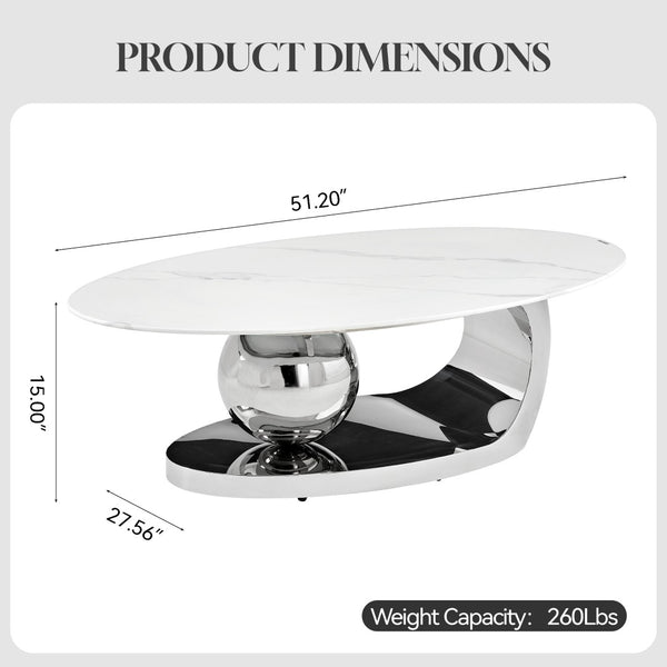 English Elm 51.20 Oval Faux Marble Top Coffee Table with Polished Stainless Steel Base for Living Room Silver+White W3357S00005