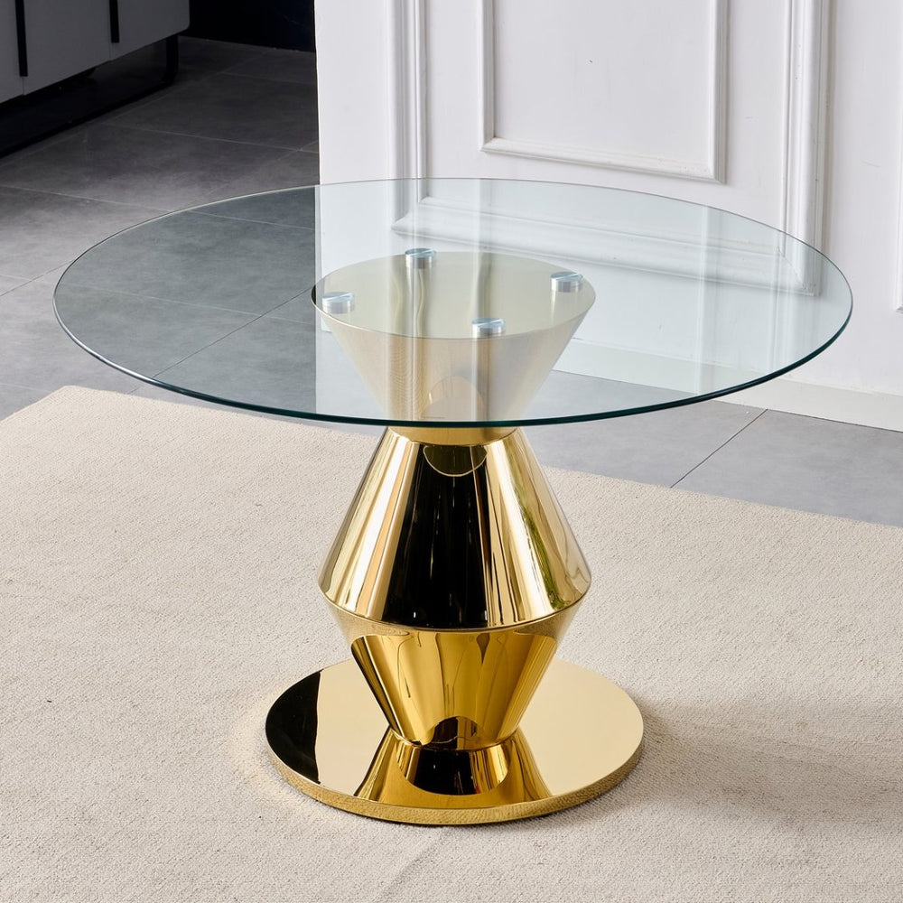 English Elm 47.25 Inch Round Tempered Glass Dining Table Gold Hourglass Base Seats Six W3357S00006