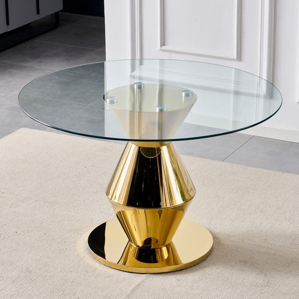 English Elm 47.25 Inch Round Tempered Glass Dining Table Gold Hourglass Base Seats Six W3357S00006