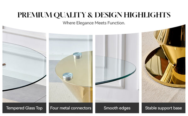 English Elm 47.25 Inch Round Tempered Glass Dining Table Gold Hourglass Base Seats Six W3357S00006