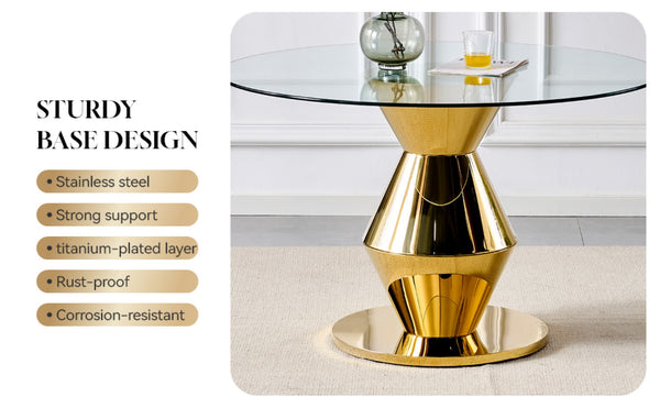 English Elm 47.25 Inch Round Tempered Glass Dining Table Gold Hourglass Base Seats Six W3357S00006