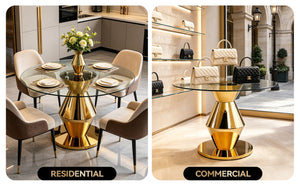 English Elm 47.25 Inch Round Tempered Glass Dining Table Gold Hourglass Base Seats Six W3357S00006