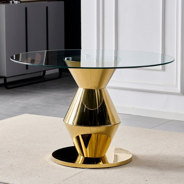 English Elm 47.25 Inch Round Tempered Glass Dining Table Gold Hourglass Base Seats Six W3357S00006
