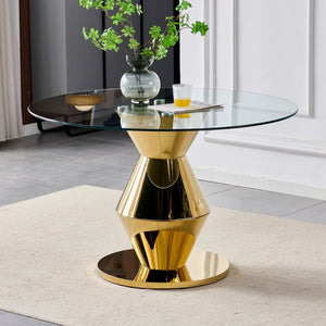 English Elm 47.25 Inch Round Tempered Glass Dining Table Gold Hourglass Base Seats Six W3357S00006