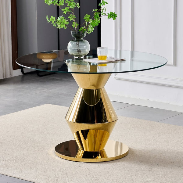 English Elm 47.25 Inch Round Tempered Glass Dining Table Gold Hourglass Base Seats Six W3357S00006